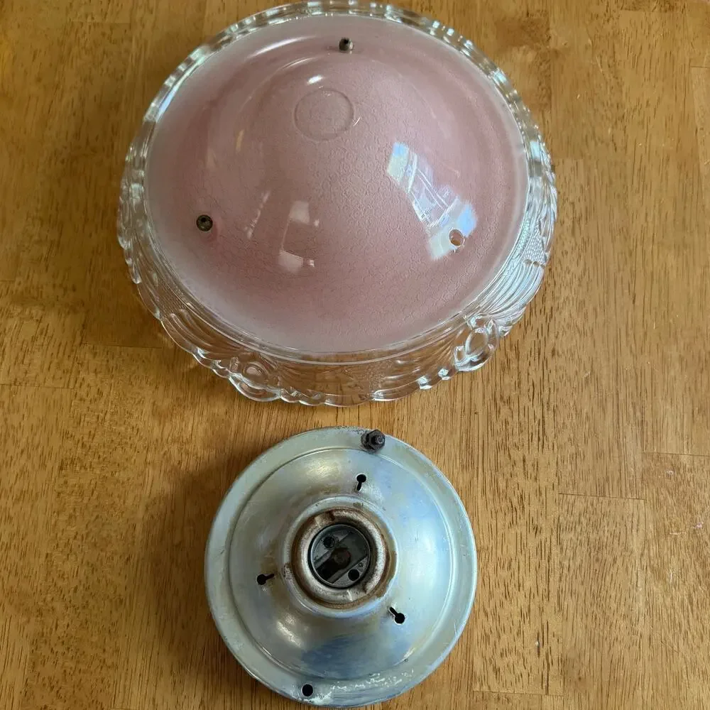 INCOMPLETE Vintage Pink Glass Hanging Ceiling Lamp Shade 3 Hole Scalloped Rim